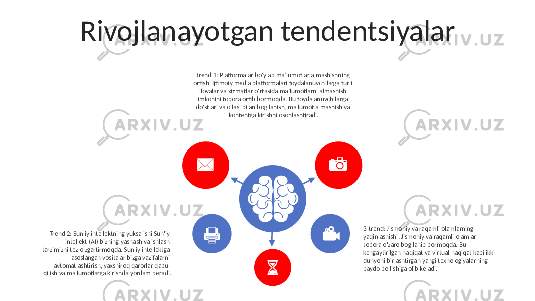 3-trend: Jismoniy va raqamli olamlarning yaqinlashishi. Jismoniy va raqamli olamlar tobora o&#39;zaro bog&#39;lanib bormoqda. Bu kengaytirilgan haqiqat va virtual haqiqat kabi ikki dunyoni birlashtirgan yangi texnologiyalarning paydo bo&#39;lishiga olib keladi.Rivojlanayotgan tendentsiyalar Trend 1: Platformalar boʻylab maʼlumotlar almashishning ortishi Ijtimoiy media platformalari foydalanuvchilarga turli ilovalar va xizmatlar oʻrtasida maʼlumotlarni almashish imkonini tobora ortib bormoqda. Bu foydalanuvchilarga do&#39;stlari va oilasi bilan bog&#39;lanish, ma&#39;lumot almashish va kontentga kirishni osonlashtiradi. Trend 2: Sun&#39;iy intellektning yuksalishi Sun&#39;iy intellekt (AI) bizning yashash va ishlash tarzimizni tez o&#39;zgartirmoqda. Sun&#39;iy intellektga asoslangan vositalar bizga vazifalarni avtomatlashtirish, yaxshiroq qarorlar qabul qilish va ma&#39;lumotlarga kirishda yordam beradi. 