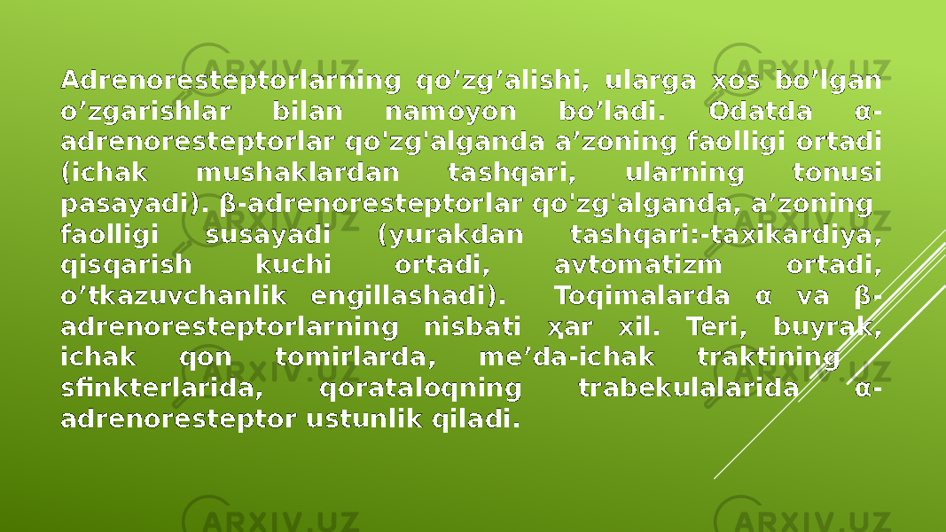 Adrenoresteptorlarning qo’zg’alishi, ularga xos bo’lgan o’zgarishlar bilan namoyon bo’ladi. Odatda α- adrenoresteptorlar qo&#39;zg&#39;alganda a’zoning faolligi ortadi (ichak mushaklardan tashqari, ularning tonusi pasayadi). β-adrenoresteptorlar qo&#39;zg&#39;alganda, a’zoning faolligi susayadi (yurakdan tashqari:-taxikardiya, qisqarish kuchi ortadi, avtomatizm ortadi, o’tkazuvchanlik engillashadi). Toqimalarda α va β- adrenoresteptorlarning nisbati ҳar xil. Teri, buyrak, ichak qon tomirlarda, me’da-ichak traktining sfinkterlarida, qorataloqning trabekulalarida α- adrenoresteptor ustunlik qiladi. 