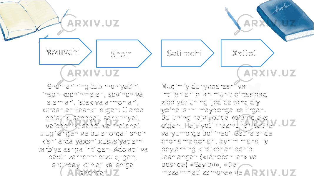 Yozuvchi Shoir Satirachi Xattot She’rlarining tub mohiyatini inson kechinmalari, sevinch va alamlari, istak va armonlari, kurashlari tashkil etgan. Ularda do‘stlik, sadoqat, samimiyat, vafodorlik, sabot va matonat ulug‘langan va bular orqali shoir kishilarda yaxshi xususiyatlarni tarbiyalashga intilgan. Adolatli va baxtli zamonni orzu qilgan, shunday kunlar kelishiga ishongan. Muqimiy dunyoqarashi va intilishlari bilan muhit o‘rtasidagi ziddiyat uning ijodida tanqidiy yo‘nalishni maydonga keltirgan. Bu uning hajviyotida ko‘proq aks etgan. Hajviyoti mazmunan satira va yumorga bo‘linadi. Satiralarida chor amaldorlari, ayrim mahalliy boylarning kirdikorlari ochib tashlangan («Tanobchilar» va boshqa) «Saylov», «Dar mazammati zamona» va boshqalar. 