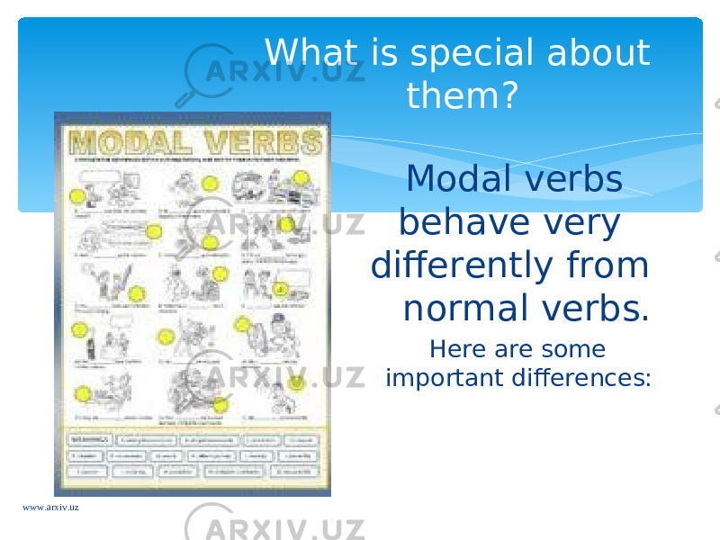 Modal verbs behave very differently from normal verbs. Here are some important differences:What is special about them? www.arxiv.uz 