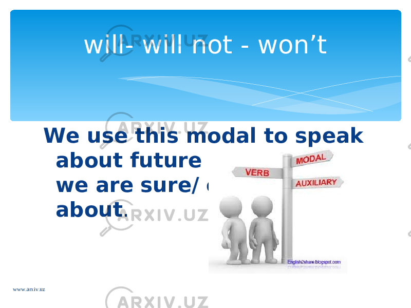We use this modal to speak about future actions that we are sure/ convinced about .will- will not - won’t www.arxiv.uz 