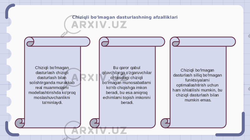 Chiziqli bo&#39;lmagan dasturlashning afzalliklari Chiziqli bo&#39;lmagan dasturlash chiziqli dasturlash bilan solishtirganda murakkab real muammolarni modellashtirishda ko&#39;proq moslashuvchanlikni ta&#39;minlaydi. Bu qaror qabul qiluvchilarga o&#39;zgaruvchilar o&#39;rtasidagi chiziqli bo&#39;lmagan munosabatlarni ko&#39;rib chiqishga imkon beradi, bu esa aniqroq echimlarni topish imkonini beradi. Chiziqli bo&#39;lmagan dasturlash silliq bo&#39;lmagan funktsiyalarni optimallashtirish uchun ham ishlatilishi mumkin, bu chiziqli dasturlash bilan mumkin emas. 