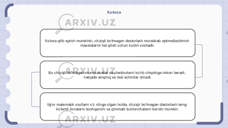 Xulosa Xulosa qilib aytish mumkinki, chiziqli bo&#39;lmagan dasturlash murakkab optimallashtirish masalalarini hal qilish uchun kuchli vositadir. Bu chiziqli bo&#39;lmagan munosabatlar va cheklovlarni ko&#39;rib chiqishga imkon beradi, natijada aniqroq va real echimlar olinadi. Ilg&#39;or matematik usullarni o&#39;z ichiga olgan holda, chiziqli bo&#39;lmagan dasturlash keng ko&#39;lamli ilovalarni boshqarishi va qimmatli tushunchalarni berishi mumkin. 