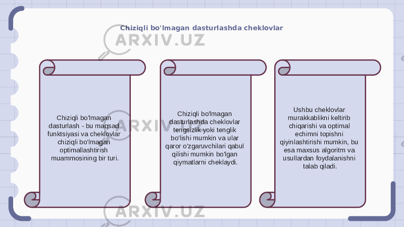 Chiziqli bo&#39;lmagan dasturlashda cheklovlar Chiziqli bo&#39;lmagan dasturlash - bu maqsad funktsiyasi va cheklovlar chiziqli bo&#39;lmagan optimallashtirish muammosining bir turi. Chiziqli bo&#39;lmagan dasturlashda cheklovlar tengsizlik yoki tenglik bo&#39;lishi mumkin va ular qaror o&#39;zgaruvchilari qabul qilishi mumkin bo&#39;lgan qiymatlarni cheklaydi. Ushbu cheklovlar murakkablikni keltirib chiqarishi va optimal echimni topishni qiyinlashtirishi mumkin, bu esa maxsus algoritm va usullardan foydalanishni talab qiladi. 