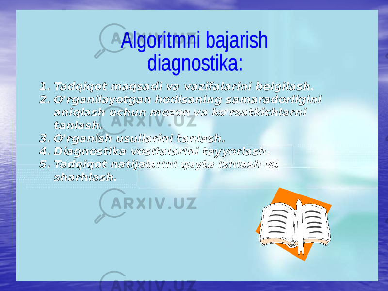 1. Tadqiqot maqsadi va vazifalarini belgilash. 2. O&#39;rganilayotgan hodisaning samaradorligini aniqlash uchun mezon va ko&#39;rsatkichlarni tanlash. 3. O&#39;rganish usullarini tanlash. 4. Diagnostika vositalarini tayyorlash. 5. Tadqiqot natijalarini qayta ishlash va sharhlash.   