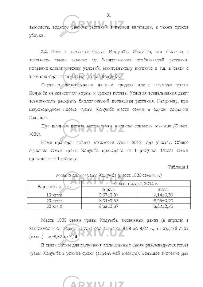 вымолота, водного режима растений в период вегетации, а также сроков уборки. 3 . 2 . Рост и развитие травы Колумба . Известно, что качество и всхожесть семян зависит от биологических особенностей растения, почвенно-климатических условий, минеральному питанию и т.д. в связи с этим проведен анализ семян травы Колумба. Согласно литературным данным средняя длина соцветия травы Колумба не зависит от нормы и сроков посева. Условия возделывания дают возможность раскрыть биологический потенциал растения. Например, при широкорядном посеве травы Колумба масса семян в одном соцветии большое. При позднем посеве масса семян в одном соцветии меньше (Сивак, 2006). Нами проведен анализ всхожести семян 2013 года урожая. Общее строение семян травы Колумба приведено на 1 рисунке. Масса семян приведена на 1 таблице. Таблица 1 Анализ семян травы Колумба (масса 1000 семян, г. ) Варианты опыта Сроки посева , 2014 г. апрель июнь 10 кг/га 9,02±0,37 7,14±0,30 20 кг/га 8,91±0,36 6,93±0,29 30 кг/га 8,69±0,37 6,82±0,25 Масса 1000 семян травы Колумба, посеянных ранее (в апреле) в зависимости от нормы высева составила от 8,69 до 9,02 г., в поздний срок (июнь) – от 6,82 до 7,14. В связи с этим для получения полноценных семян рекомендуется посев травы Колумба в ранние сроки (апрель-май месяцы). Большое значение для 31 