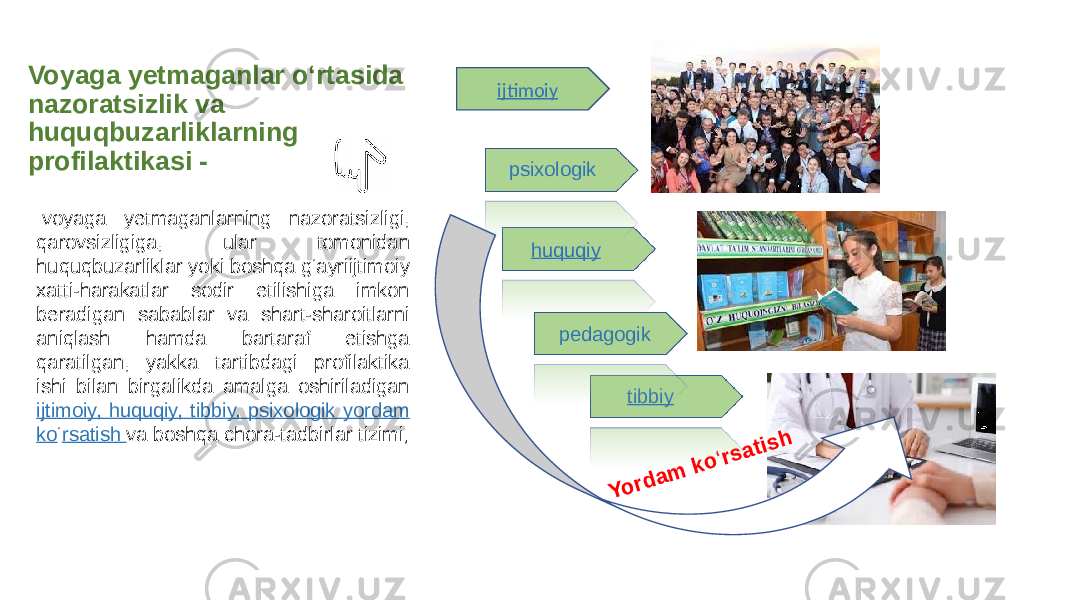 Voyaga yetmaganlar o‘rtasida nazoratsizlik va huquqbuzarliklarning profilaktikasi -     voyaga yetmaganlarning nazoratsizligi, qarovsizligiga, ular tomonidan huquqbuzarliklar yoki boshqa g‘ayriijtimoiy xatti-harakatlar sodir etilishiga imkon beradigan sabablar va shart-sharoitlarni aniqlash hamda bartaraf etishga qaratilgan, yakka tartibdagi profilaktika ishi bilan birgalikda amalga oshiriladigan ijtimoiy, huquqiy, tibbiy, psixologik yordam ko ‘ rsatish va boshqa chora-tadbirlar tizimi; ijtimoiy huquqiy tibbiypsixologik pedagogikY o rd a m k o ‘rs a tis h 