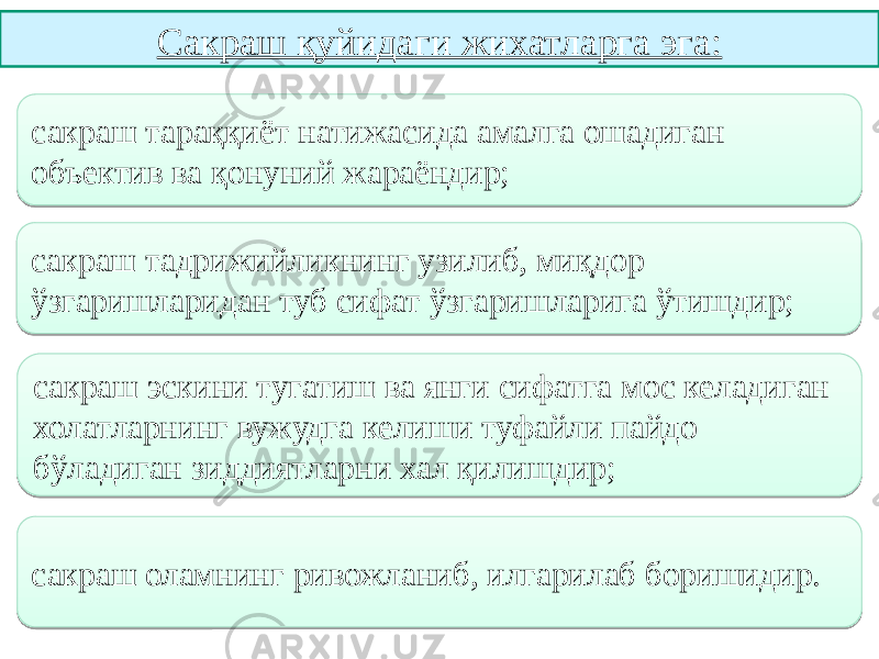 Сакраш қуйидаги жихатларга эга: сакраш тараққиёт натижасида амалга ошадиган объектив ва қонуний жараёндир; сакраш тадрижийликнинг узилиб, миқдор ўзгаришларидан туб сифат ўзгаришларига ўтишдир; сакраш эскини тугатиш ва янги сифатга мос келадиган холатларнинг вужудга келиши туфайли пайдо бўладиган зиддиятларни хал қилишдир; сакраш оламнинг ривожланиб, илгарилаб боришидир.18 0E 18 2804 18 2A 25 18 