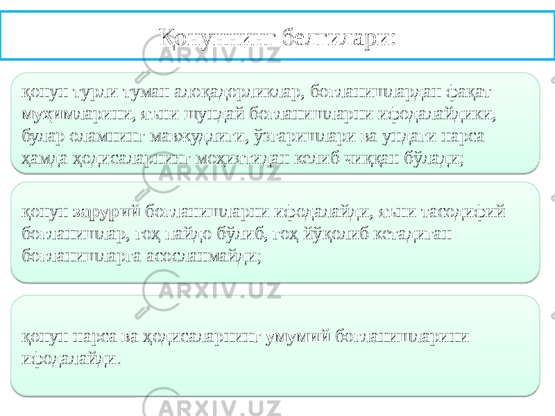 Қонуннинг белгилари: қонун турли туман алоқадорликлар, боғланишлардан фақат муҳим ларини, яъни шундай боғланишларни ифодалайдики, булар оламнинг мавжудлиги, ўзгаришлари ва ундаги нарса ҳамда ҳодисаларнинг моҳиятидан келиб чиққан бўлади; қонун зарурий боғланишларни ифодалайди, яъни тасодифий боғланишлар, гоҳ пайдо бўлиб, гоҳ йўқолиб кетадиган боғланишларга асосланмайди; қонун нарса ва ҳодисаларнинг умумий боғланишларини ифодалайди.1E 17 1002 25 27 1E 0B 07250E0F 250E0F 250E0F 1E 16 07250E0F 12 