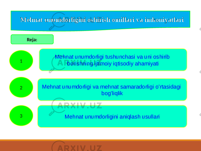  Mehnat unumdorligini oshirish omillari va imkoniyatlari Reja: 1 32 Mehnat unumdorligi tushunchasi va uni oshirib borishning ijtimoiy iqtisodiy ahamiyati Mehnat unumdorligi va mehnat samaradorligi o’rtasidagi bog’liqlik Mehnat unumdorligini aniqlash usullari 