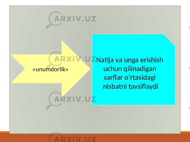  «unumdorlik» Natija va unga erishish uchun qilinadigan sarflar o’rtasidagi nisbatni tavsiflaydi 