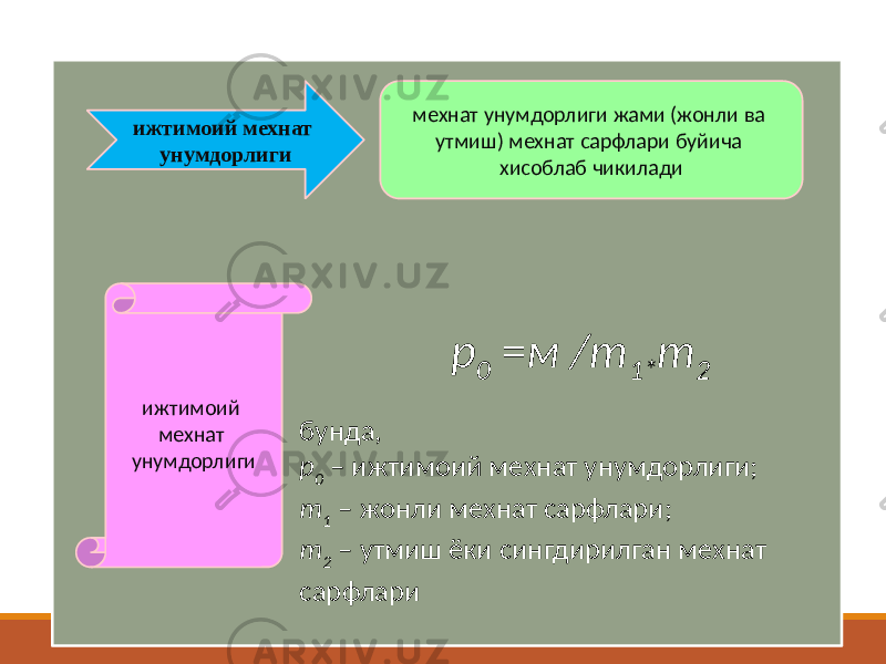  ижтимоий мехнат унумдорлиги мехнат унумдорлиги жами (жонли ва утмиш) мехнат сарфлари буйича хисоблаб чикилади ижтимоий мехнат унумдорлиги р 0 = м /т 1* т 2 бунда, р 0 – ижтимоий мехнат унумдорлиги; т 1 – жонли мехнат сарфлари; т 2 – утмиш ёки сингдирилган мехнат сарфлари 