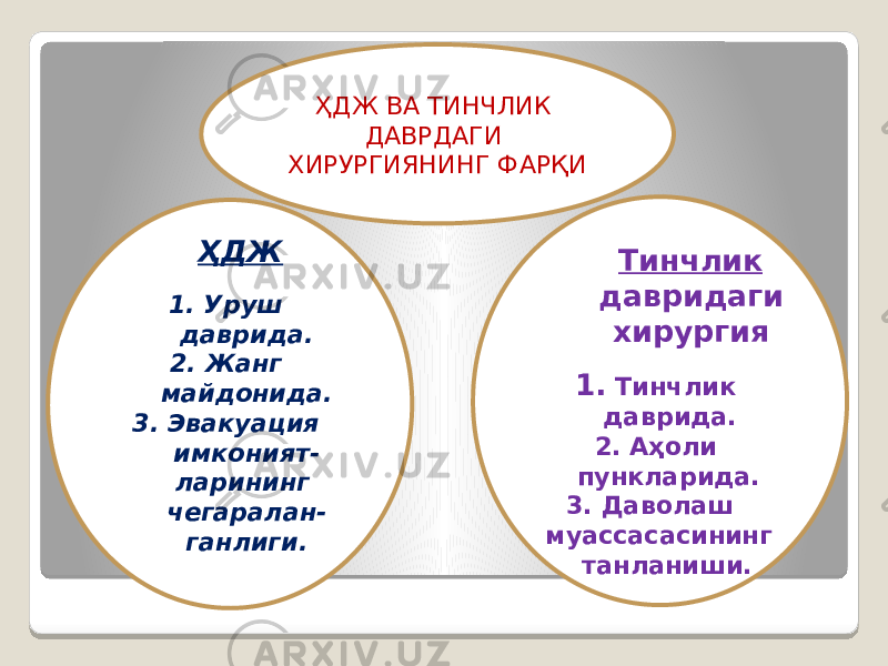  ҲДЖ 1. Уруш даврида. 2. Жанг майдонида. 3. Эвакуация имконият- ларининг чегаралан- ганлиги. Тинчлик давридаги хирургия 1. Тинчлик даврида. 2. Аҳоли пункларида. 3. Даволаш муассасасининг танланиши.  ҲДЖ ВА ТИНЧЛИК ДАВРДАГИ ХИРУРГИЯНИНГ ФАРҚИ 