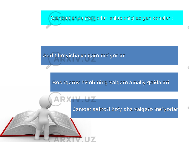 Standartlar va me`yorlar ishlab chiqiladigan sohalar : Audit bo‘yicha xalqaro me`yorlar Boshqaruv hisobining xalqaro amaliy qoidalari Jamoat sektori bo‘yicha xalqaro me`yorlar 