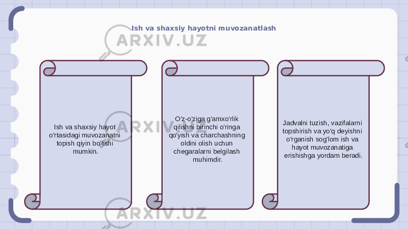 Ish va shaxsiy hayotni muvozanatlash Ish va shaxsiy hayot o&#39;rtasidagi muvozanatni topish qiyin bo&#39;lishi mumkin. O&#39;z-o&#39;ziga g&#39;amxo&#39;rlik qilishni birinchi o&#39;ringa qo&#39;yish va charchashning oldini olish uchun chegaralarni belgilash muhimdir. Jadvalni tuzish, vazifalarni topshirish va yo&#39;q deyishni o&#39;rganish sog&#39;lom ish va hayot muvozanatiga erishishga yordam beradi. 