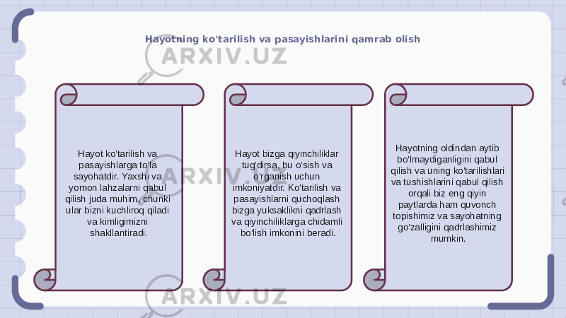 Hayotning ko&#39;tarilish va pasayishlarini qamrab olish Hayot ko&#39;tarilish va pasayishlarga to&#39;la sayohatdir. Yaxshi va yomon lahzalarni qabul qilish juda muhim, chunki ular bizni kuchliroq qiladi va kimligimizni shakllantiradi. Hayot bizga qiyinchiliklar tug&#39;dirsa, bu o&#39;sish va o&#39;rganish uchun imkoniyatdir. Ko&#39;tarilish va pasayishlarni quchoqlash bizga yuksaklikni qadrlash va qiyinchiliklarga chidamli bo&#39;lish imkonini beradi. Hayotning oldindan aytib bo&#39;lmaydiganligini qabul qilish va uning ko&#39;tarilishlari va tushishlarini qabul qilish orqali biz eng qiyin paytlarda ham quvonch topishimiz va sayohatning go&#39;zalligini qadrlashimiz mumkin. 