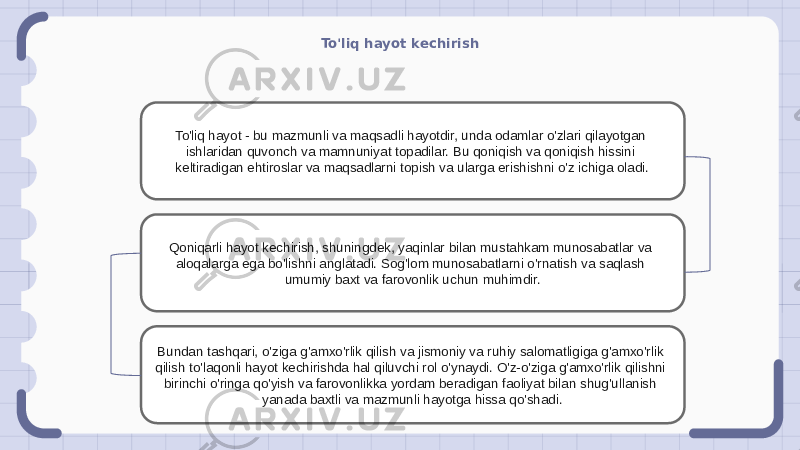 To&#39;liq hayot kechirish To&#39;liq hayot - bu mazmunli va maqsadli hayotdir, unda odamlar o&#39;zlari qilayotgan ishlaridan quvonch va mamnuniyat topadilar. Bu qoniqish va qoniqish hissini keltiradigan ehtiroslar va maqsadlarni topish va ularga erishishni o&#39;z ichiga oladi. Qoniqarli hayot kechirish, shuningdek, yaqinlar bilan mustahkam munosabatlar va aloqalarga ega bo&#39;lishni anglatadi. Sog&#39;lom munosabatlarni o&#39;rnatish va saqlash umumiy baxt va farovonlik uchun muhimdir. Bundan tashqari, o&#39;ziga g&#39;amxo&#39;rlik qilish va jismoniy va ruhiy salomatligiga g&#39;amxo&#39;rlik qilish to&#39;laqonli hayot kechirishda hal qiluvchi rol o&#39;ynaydi. O&#39;z-o&#39;ziga g&#39;amxo&#39;rlik qilishni birinchi o&#39;ringa qo&#39;yish va farovonlikka yordam beradigan faoliyat bilan shug&#39;ullanish yanada baxtli va mazmunli hayotga hissa qo&#39;shadi. 