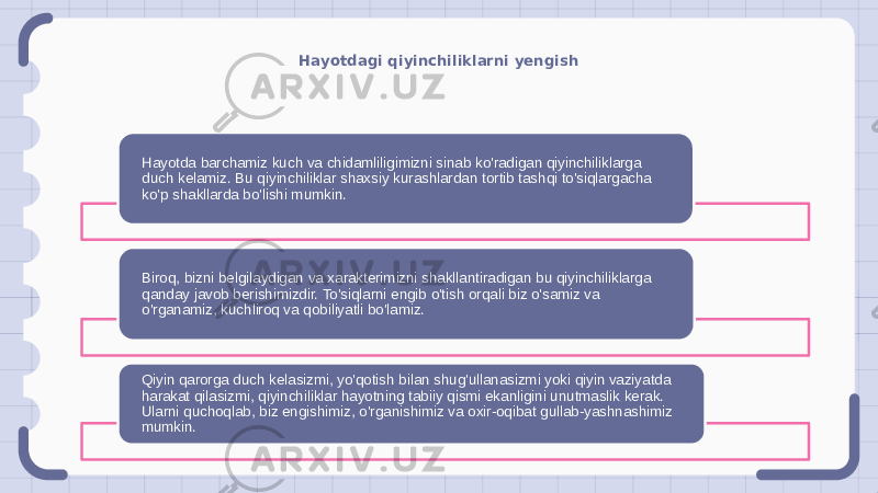 Hayotdagi qiyinchiliklarni yengish Hayotda barchamiz kuch va chidamliligimizni sinab ko&#39;radigan qiyinchiliklarga duch kelamiz. Bu qiyinchiliklar shaxsiy kurashlardan tortib tashqi to&#39;siqlargacha ko&#39;p shakllarda bo&#39;lishi mumkin. Biroq, bizni belgilaydigan va xarakterimizni shakllantiradigan bu qiyinchiliklarga qanday javob berishimizdir. To&#39;siqlarni engib o&#39;tish orqali biz o&#39;samiz va o&#39;rganamiz, kuchliroq va qobiliyatli bo&#39;lamiz. Qiyin qarorga duch kelasizmi, yo&#39;qotish bilan shug&#39;ullanasizmi yoki qiyin vaziyatda harakat qilasizmi, qiyinchiliklar hayotning tabiiy qismi ekanligini unutmaslik kerak. Ularni quchoqlab, biz engishimiz, o&#39;rganishimiz va oxir-oqibat gullab-yashnashimiz mumkin. 