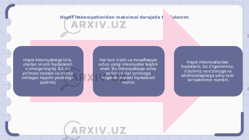 Hayot imkoniyatlaridan maksimal darajada foydalanish Hayot imkoniyatlarga to‘la, ulardan unumli foydalanish o‘zimizga bog‘liq. Biz o&#39;z yo&#39;limizni tanlash va o&#39;zimiz xohlagan hayotni yaratishga qodirmiz. Har kuni o&#39;sish va muvaffaqiyat uchun yangi imkoniyatlar taqdim etadi. Bu imkoniyatlarga ochiq bo‘lish va ular yo‘limizga kelganda ulardan foydalanish muhim. Hayot imkoniyatlaridan foydalanib, biz o&#39;rganishimiz, o&#39;sishimiz va o&#39;zimizga va atrofimizdagilarga ijobiy ta&#39;sir ko&#39;rsatishimiz mumkin. 