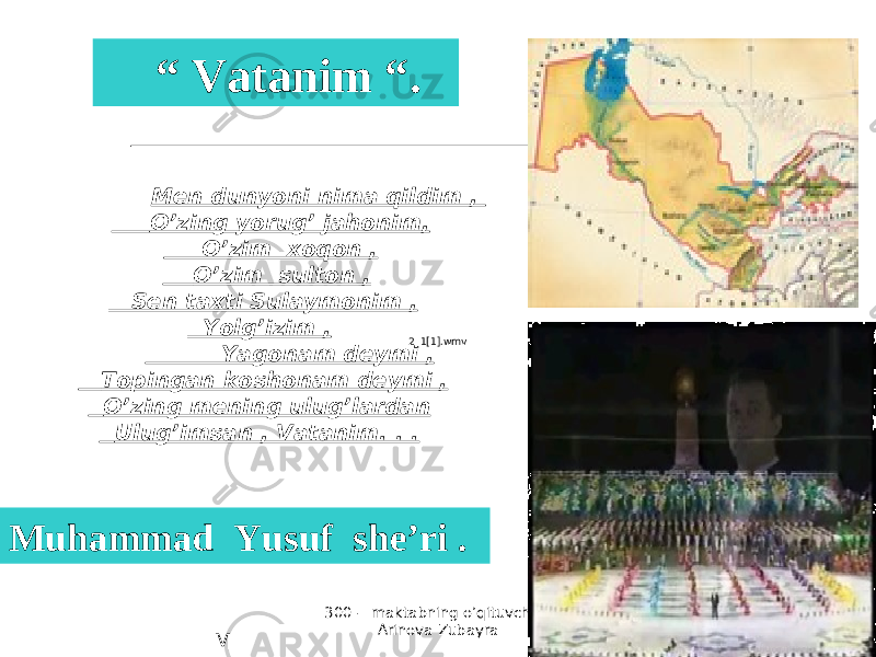 300 - maktabning o’qituvchisi Arinova Zubayra Men dunyoni nima qildim , O’zing yorug’ jahonim, O’zim xoqon , O’zim sulton , Sen taxti Sulaymonim , Yolg’izim , Yagonam deymi , Topingan koshonam deymi , O’zing mening ulug’lardan Ulug’imsan , Vatanim. . . “ Vatanim “. M M MMuhammad Yusuf she’ri .2_1[1].wmv 