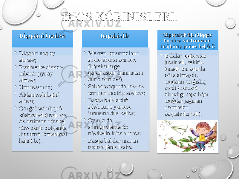 DJGS KÓRINISLERI. Diqqattıń buzılıwı • Diqqattı saqlay almaw; • Predmetke diqqat- itibardı jıynay almaw; • Umıtıwshılıq; • Aldanıwshılıqtıń artıwı; • Qozǵalıwshılıqtıń kúsheyiwi (uyqılaw, óz betinshe háreket etiw zárúr bolǵanda dıqqattıń tómenlewi hám t.b.). Impulsivlik • Mektep tapsırmaların shala-sharpı orınlaw (háreketlerge qaramastan, hámmesin duris orinlaw); • Sabaq waqtında tez-tez ornınan baqirip sóylew; • Basqa balalardıń sáwbetine yamasa jumısına dus keliw; • Oyınlarda, shınıǵıwlarda óz náwbetin kúte almaw; • Basqa balalar menen tez-tez jánjellesiw. Giperaktivlik (diqqat buzılıwı sindromınıń májburiy yemes belgisi) • Balalar toqtawsız juwiradi, sekirip turadi, bir orinda otira almaydı, mudami asıǵıslıq etedi (háreket aktivligi sapa hám muģdar jaģınan normadan ózgeshelenedi).17 01 1607080802 02 01 3E040B0512 07 02 01 40121D 01 31030502 02 01 411C242302 132D0C0F0B2107 1F24 0B 051D 0F11 08 01 42 0C 150F11040B13 0802040212 052204070C061C0407 01 19 1C041B1D1B02 01 01020C080206 0C 0A2212 01 26 0C 1B110E200B0907 01 01020C080206 090B24 0F 36 2F 01 010203 0A220E070402 09220402 1C090704 1222050212 0B090B 02130907 12224305020406 1B1C041202 1F24100B0C0F0B03 