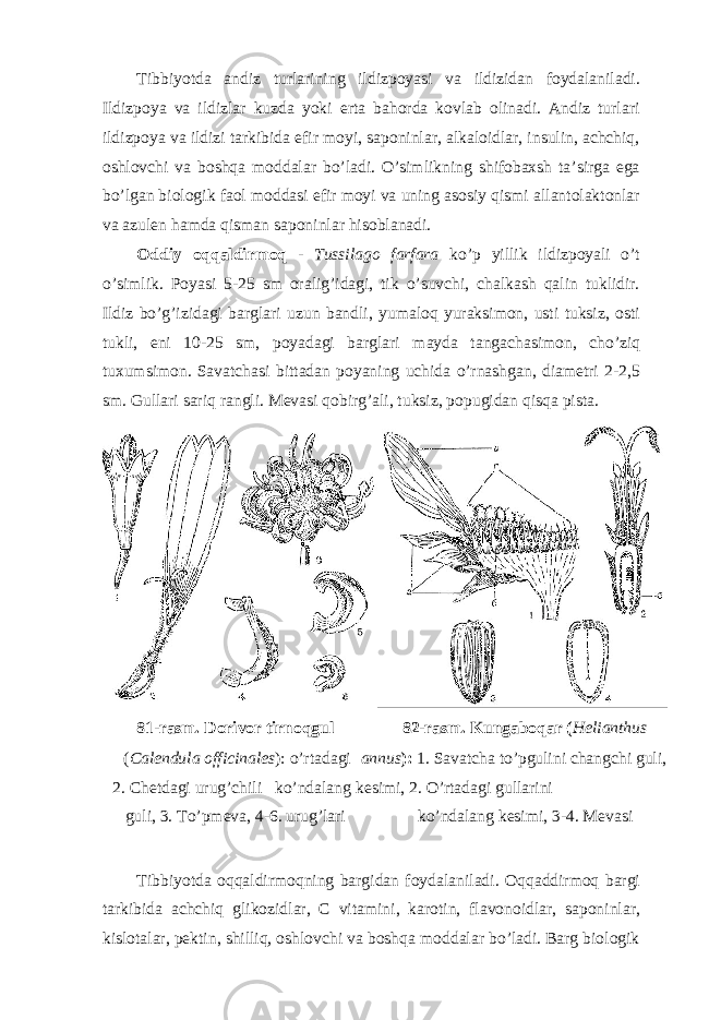 Tibbiyotda andiz turlarining ildizpoyasi va ildizidan foydalaniladi. Ildizpoya va ildizlar kuzda yoki erta bahorda kovlab olinadi. Andiz turlari ildizpoya va ildizi tarkibida efir moyi, saponinlar, alkaloidlar, insulin, achchiq, oshlovchi va boshqa moddalar bo’ladi. O’simlikning shifobaxsh ta’sirga ega bo’lgan biologik faol moddasi efir moyi va uning asosiy qismi allantolaktonlar va azulen hamda qisman saponinlar hisoblanadi. Oddiy oqqaldirmoq - Tussilago farfara ko’p yillik ildizpoyali o’t o’simlik. Poyasi 5-25 sm oralig’idagi, tik o’suvchi, chalkash qalin tuklidir. Ildiz bo’g’izidagi barglari uzun bandli, yumaloq yuraksimon, usti tuksiz, osti tukli, eni 10-25 sm, poyadagi barglari mayda tangachasimon, cho’ziq tuxumsimon. Savatchasi bittadan poyaning uchida o’rnashgan, diametri 2-2,5 sm. Gullari sariq rangli. Mevasi qobirg’ali, tuksiz, popugidan qisqa pista. 81-rasm. Dorivor tirnoqgul 82-rasm. Kungaboqar ( Helianthus ( Calendula officinales ): o’rtadagi annus ): 1. Savatcha to’pgulini changchi guli, 2. Chetdagi urug’chili ko’ndalang kesimi, 2. O’rtadagi gullarini guli, 3. To’pmeva, 4-6. urug’lari ko’ndalang kesimi, 3-4. Mevasi Tibbiyotda oqqaldirmoqning bargidan foydalaniladi. Oqqaddirmoq bargi tarkibida achchiq glikozidlar, C vitamini, karotin, flavonoidlar, saponinlar, kislotalar, pektin, shilliq, oshlovchi va boshqa moddalar bo’ladi. Barg biologik 
