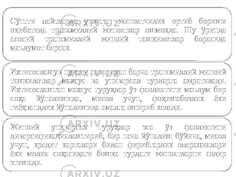 Сўнгги пайтларда уюшган жиноятчилик ортиб бориши оқибатида трансмиллий жиноятлар ошмоқда. Шу ўринда асосий трансмиллий жиноий ташкилотлар борасида маълумот берсак. Ихтисослашув нуқтаи назаридан барча трансмиллий жиноий ташкилотлар махсус ва универсал турларга ажратилади. Ихтисослашган махсус гуруҳлар ўз фаолиятини маълум бир соҳа йўналишида, мисол учун, фоҳишабозлик ёки гиёҳвандлик йўналишида амалга ошириб келади. Жиноий универсал гуруҳлар эса ўз фаолиятини диверсификациялаштириб, бир неча йўналиш бўйича, мисол учун, кредит карталари билан фирибгарлик операциялари ёки молия соҳасидаги бошқа турдаги жиноятларни содир этишади. 