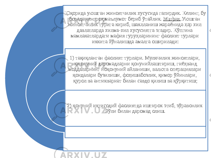 Юқорида уюшган жиноятчилик хусусида гапирдик. Келинг, бу борада кенгроқ маълумот бериб ўтайлик. Мафия .Уюшган жиноятчилик турига кириб, шаклланиш жараёнида ҳар хил давлатларда хилма-хил хусусиятга эгадир. Кўпгина мамлакатлардаги мафия гуруҳларининг фаолият турлари иккита йўналишда амалга оширилади: 1) тақиқланган фаолият турлари. Мулкчилик жиноятлари, ноқонуний даромадларни қонунийлаштириш, гиёҳванд моддаларнинг ноқонуний айланиши, валюта операциялари қоидалари бузилиши, фоҳишабозлик, қимор ўйинлари, қурол ва антиквариат билан савдо қилиш ва қўрқитиш; 2) қонуний иқтисодий фаолиятда иштирок этиб, зўравонлик йўли билан даромад олиш. 