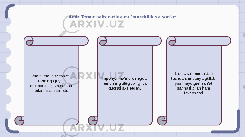 Amir Temur saltanatida me’morchilik va san’at Amir Temur saltanati o&#39;zining ajoyib me&#39;morchiligi va san&#39;ati bilan mashhur edi. Imperiya meʼmorchiligida Temurning ulugʻvorligi va qudrati aks etgan. Ta&#39;sirchan binolardan tashqari, imperiya gullab- yashnayotgan san&#39;at sahnasi bilan ham faxrlanardi. 