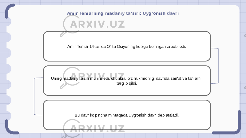 Amir Temurning madaniy ta’siri: Uyg‘onish davri Amir Temur 14-asrda Oʻrta Osiyoning koʻzga koʻringan arbobi edi. Uning madaniy ta&#39;siri muhim edi, chunki u o&#39;z hukmronligi davrida san&#39;at va fanlarni targ&#39;ib qildi. Bu davr ko&#39;pincha mintaqada Uyg&#39;onish davri deb ataladi. 