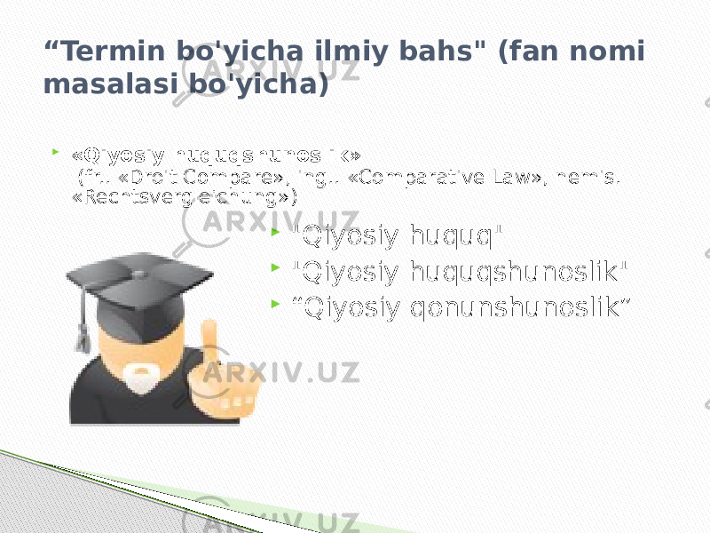 “ Termin bo&#39;yicha ilmiy bahs&#34; (fan nomi masalasi bo&#39;yicha)  «Qiyosiy huquqshunoslik» (fr.. «Droit Compare», ing.. «Comparative Law», nemis. «Rechtsvergleichung»)  &#34;Qiyosiy huquq&#34;  &#34;Qiyosiy huquqshunoslik&#34;  “ Qiyosiy qonunshunoslik” 