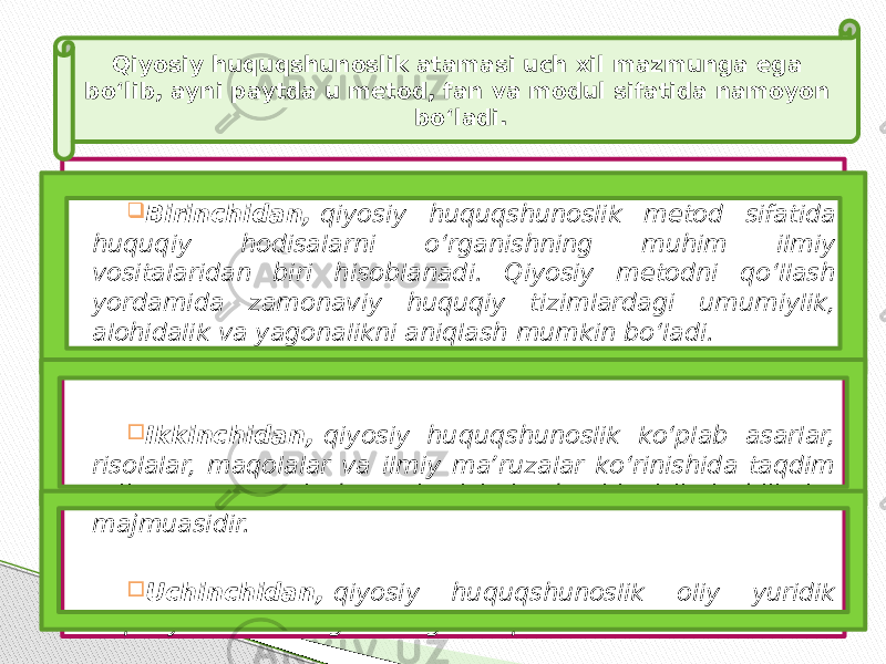  Birinchidan,  qiyosiy huquqshunoslik metod sifatida huquqiy hodisalarni o‘rganishning muhim ilmiy vositalaridan biri hisoblanadi. Qiyosiy metodni qo‘llash yordamida zamonaviy huquqiy tizimlardagi umumiylik, alohidalik va yagonalikni aniqlash mumkin bo‘ladi.  Ikkinchidan,  qiyosiy huquqshunoslik ko‘plab asarlar, risolalar, maqolalar va ilmiy maʼruzalar ko‘rinishida taqdim etilgan zamonaviy huquqiy tizimlar haqidagi ilmiy bilimlar majmuasidir.  Uchinchidan,  qiyosiy huquqshunoslik oliy yuridik o‘quv yurtlarida o‘rganiladigan o‘quv kursi hisoblanadi. Qiyosiy huquqshunoslik atamasi uch xil mazmunga ega bo‘lib, ayni paytda u metod, fan va modul sifatida namoyon bo‘ladi. 