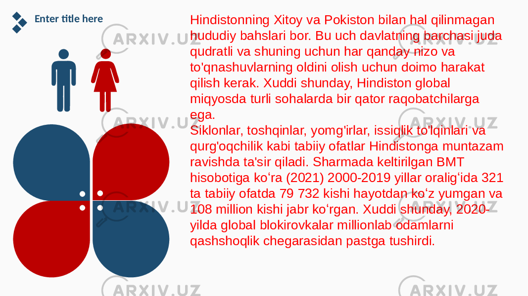 Enter title here Hindistonning Xitoy va Pokiston bilan hal qilinmagan hududiy bahslari bor. Bu uch davlatning barchasi juda qudratli va shuning uchun har qanday nizo va to&#39;qnashuvlarning oldini olish uchun doimo harakat qilish kerak. Xuddi shunday, Hindiston global miqyosda turli sohalarda bir qator raqobatchilarga ega. Siklonlar, toshqinlar, yomg&#39;irlar, issiqlik to&#39;lqinlari va qurg&#39;oqchilik kabi tabiiy ofatlar Hindistonga muntazam ravishda ta&#39;sir qiladi. Sharmada keltirilgan BMT hisobotiga koʻra (2021) 2000-2019 yillar oraligʻida 321 ta tabiiy ofatda 79 732 kishi hayotdan koʻz yumgan va 108 million kishi jabr koʻrgan. Xuddi shunday, 2020- yilda global blokirovkalar millionlab odamlarni qashshoqlik chegarasidan pastga tushirdi. 