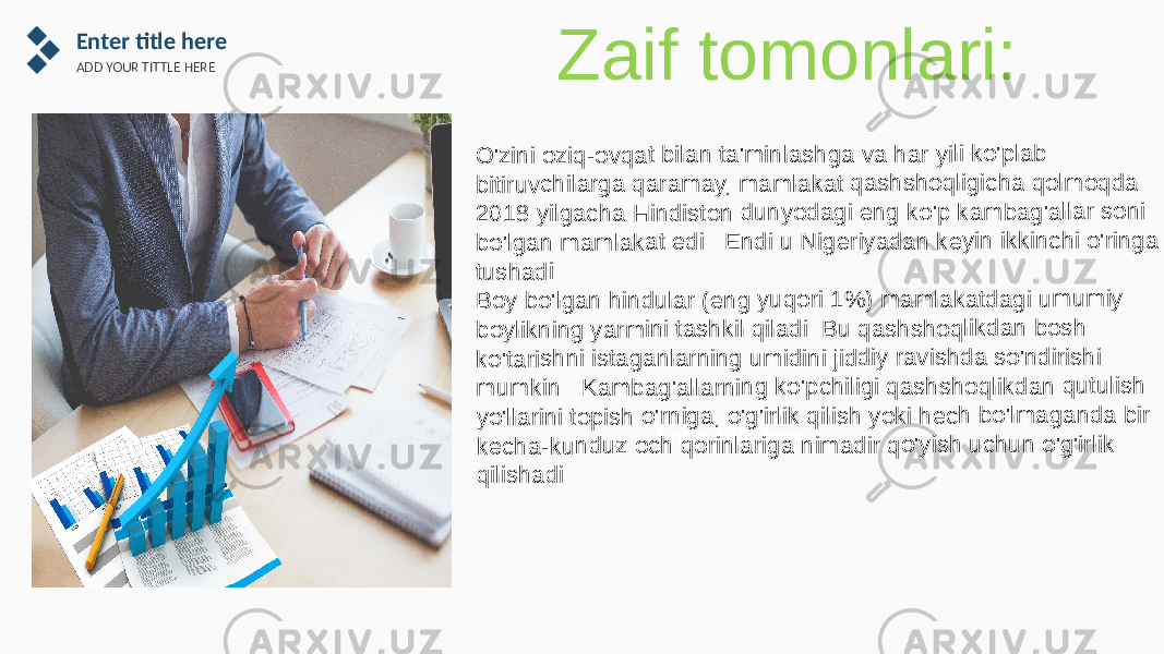 Enter title hereEnter title here ADD YOUR TITTLE HERE Zaif tomonlari:O&#39;z ini o ziq -ov qat bil an ta&#39;m inl ash ga va har yili ko &#39;pla b bitir uvc hila rga qa ram ay , m am lak at q ash sh oqli gic ha qolm oq da . 201 8 y ilga cha H indi sto n d uny oda gi eng ko &#39;p k am bag &#39;al lar son i bo&#39;l gan m aml aka t e di . En di u Ni ger iyad an ke yin ikki nch i o&#39; ring a tush ad i. Boy bo &#39;lga n h ind ula r (e ng yuq ori 1% ) m am lak atd agi um um iy boy likn ing ya rmi ni ta sh kil q ila di. B u qas hsh oq likd an bos h ko&#39;t aris hni ist aga nla rnin g u mi dini jidd iy rav ishd a s o&#39;n diri shi mum ki n . Kam ba g&#39;a llar nin g ko &#39;pc hili gi q ash sh oql ikda n q utu lish yo&#39;l larin i to pis h o &#39;rni ga, o&#39;g &#39;irlik qi lish yo ki h ech bo &#39;lm aga nd a b ir kec ha- kun du z oc h q ori nlar iga nim ad ir q o&#39;y ish uch un o&#39;g &#39;irli k qilis had i. 