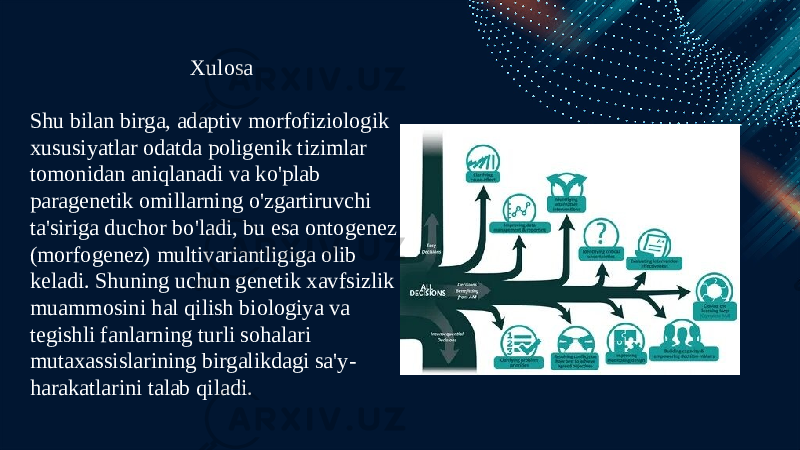 Xulosa Shu bilan birga, adaptiv morfofiziologik xususiyatlar odatda poligenik tizimlar tomonidan aniqlanadi va ko&#39;plab paragenetik omillarning o&#39;zgartiruvchi ta&#39;siriga duchor bo&#39;ladi, bu esa ontogenez (morfogenez) multivariantligiga olib keladi. Shuning uchun genetik xavfsizlik muammosini hal qilish biologiya va tegishli fanlarning turli sohalari mutaxassislarining birgalikdagi sa&#39;y- harakatlarini talab qiladi.  