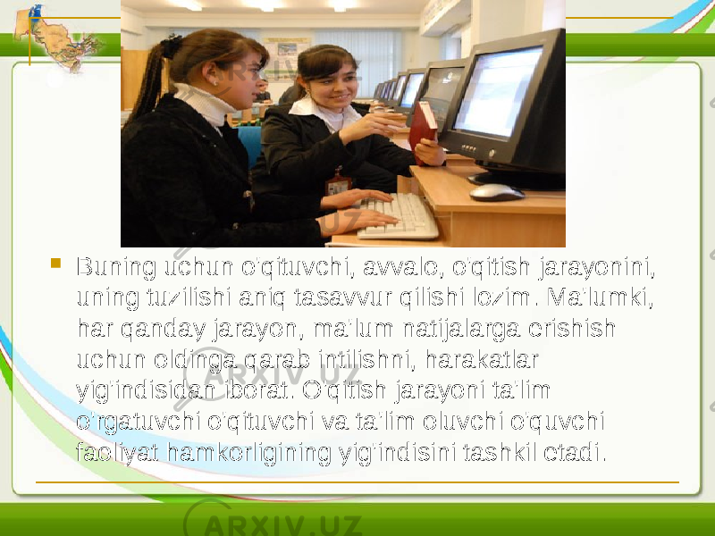  Buning uchun o&#39;qituvchi, avvalo, o&#39;qitish jarayonini, uning tuzilishi aniq tasavvur qilishi lozim. Ma&#39;lumki, har qanday jarayon, ma&#39;lum natijalarga erishish uchun oldinga qarab intilishni, harakatlar yig&#39;indisidan iborat. O&#39;qitish jarayoni ta&#39;lim o&#39;rgatuvchi o&#39;qituvchi va ta&#39;lim oluvchi o&#39;quvchi faoliyat hamkorligining yig&#39;indisini tashkil etadi. 