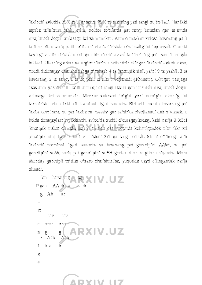 ikkinchi avlodda 75% to‘tilar sariq, 25% to‘tilarning pati rangi oq bo‘ladi. Har ikki tajriba tafsilotini tahlil qilib, xoldor to‘tilarda pat rangi bittadan gen ta’sirida rivojlanadi degan xulosaga kelish mumkin. Ammo mazkur xulosa havorang patli to‘tilar bilan sariq patli to‘tilarni chatishtirishda o‘z tasdig‘ini topmaydi. Chunki keyingi chatishtirishdan olingan bi- rinchi avlod to‘tilarining pati yashil rangda bo‘ladi. Ularning erkak va urg‘ochilarini chatishtirib olingan ikkinchi avlodda esa, xuddi diduragay chatishtirishga o‘xshash 4 ta fenotipik sinf, ya’ni 9 ta yashil, 3 ta havorang, 3 ta sariq, 1 ta oq patli to‘tilar rivojlanadi (10-rasm). Olingan natijaga asoslanib yashil patli to‘til arning pat rangi ikkita gen ta’sirida rivojlanadi degan xulosaga kelish mumkin. Mazkur xulosani to‘g‘ri yoki noto‘g‘ri ekanlig ini tekshirish uchun ikki xil taxminni ilgari suramiz. Birinchi taxmin havorang pat ikkita dominant, oq pat ikkita re- tsessiv gen ta’sirida rivojlanadi deb o‘ylasak, u holda duragaylarning ikkinchi avlodida xuddi diduragaylardagi kabi natija 9:3:3:1 fenotipik nisbat olinadi. Lekin amalda esa yuqorida keltirilgandek ular ikki xil fenotipik sinf hosil qiladi va nisbati 3:1 ga teng bo‘ladi. Shuni e’tiborga olib ikkinchi taxminni ilgari suramiz va havorang pat genotipini AAbb , oq pat genotipini aabb, sariq pat genotipini aaBB genlar bilan belgilab chiqamiz. Mana shunday genotipli to‘tilar o‘zaro chatishtirilsa, yuqorida qayd qilingandek natija olinadi. fen havorang oq P gen AAbb x aabb g a m Ab ab f e n hav oran g hav oran g F 1 g e Aab b x Aab b 