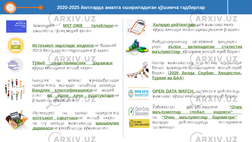 2020-2025 йилларда амалга ошириладиган қўшимча тадбирлар Замонавий МҲТ-2008 талаблари ни амалиётга тўлиқ жорий қилиш Истеъмол нархлари индекси ни базавий 2010 йилга солиштирувларини ўтказиш Тўйиб овқатланмаслик даражаси кўрсаткичларини ишлаб чиқиш Бандлик ва мехнат муносабатлари вазирлигига халқаро талаблар асосида Бандлик классификацияси ни жорий этиш ва ишчи кучи кузатувлари ни ўтказишга кўмаклашиш Иқтисодиёт ва саноат вазирлигига истеъмол саватчаси ни ишлаб чиқиш ва шу асосда мамлакатда қашшоқлик даражаси ни ҳисоблашда кўмаклашиш Фойдаланувчилар эхтиёжини қондириш учун эълон қилинадиган статистик маълумотлар кўламини кенгайтириб бориш Бошқа мамлакатлар статистика идоралари билан ҳамкорлик алоқаларини кенгайтириб бориш ( 2020 йилда Сербия, Хиндистон, Туркия ва БАА ) OPEN DATA WATCH ташкилоти рейтингида мамлакат кўрсаткичларини яхшилаб бориш Ўзбекистон республикасини “Очиқ маълумотлар глобал индекси” ва “Очиқ маълумотлар барометри” халқаро рейтингларида иштирокини таъминлаш Халқаро рейтинглар даги мамлакатимиз кўрсаткичлари инвентаризациясини ўтказиш 