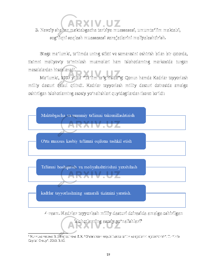 3. Navoiy shahar maktabgacha tarbiya muassasasi, umumta’lim maktabi, sog’liqni saqlash muassasasi xarajatlarini moliyalashtirish. Bizga ma’lumki, ta’limda uning sifati va samarasini oshirish bilan bir qatorda, tizimni moliyaviy ta’minlash muamolari ham islohotlarning markazida turgan masalalardan hisoblanadi. Ma’lumki, 1997 yilda “Ta’lim to’g’risida”gi Qonun hamda Kadrlar tayyorlash milliy dasturi qabul qilindi. Kadrlar tayyorlash milliy dasturi doirasida amalga oshirilgan islohotlarning asosiy yo’nalishlari quyidagilardan iborat bo’ldi: 4-rasm. Kadrlar tayyorlash milliy dasturi doirasida amalga oshirilgan islohotlarning asosiy yo’nalishlari 5 5 Nurmuxamedova B.I, Srojiddinova Z.X. “O‘zbekiston respublikasida ta’lim xarajatlarini rejalashtirish”. T.: “Info Capital Group”. 2013. B.10. 19 