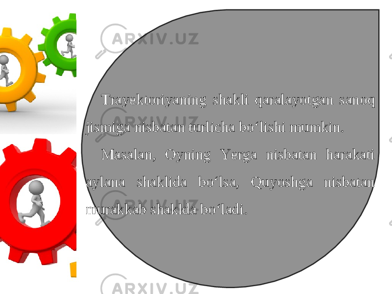 Trayektoriyaning shakli qaralayotgan sanoq jismiga nisbatan turlicha bo‘lishi mumkin. Masalan, Oyning Yerga nisbatan harakati aylana shaklida bo‘lsa, Quyoshga nisbatan murakkab shaklda bo‘ladi. 