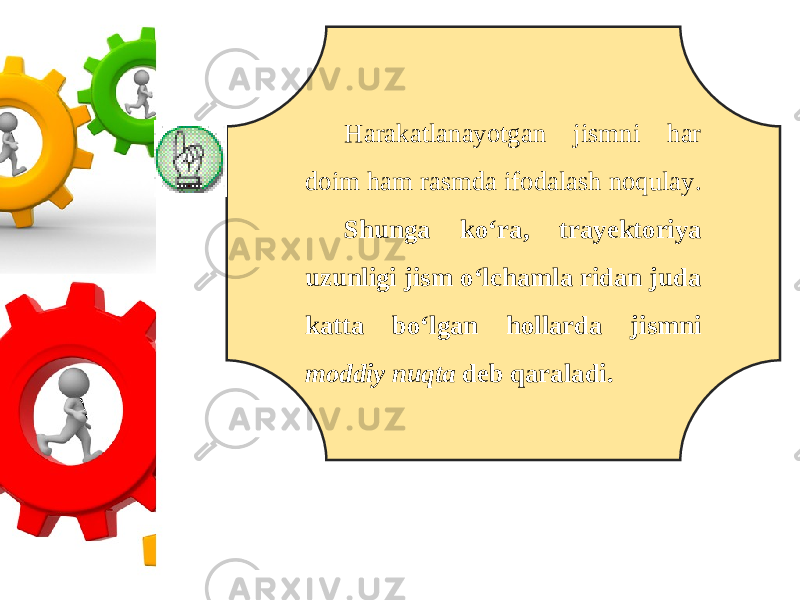 Harakatlanayotgan jismni har doim ham rasmda ifodalash noqulay. Shunga ko‘ra, trayektoriya uzunligi jism o‘lchamla ridan juda katta bo‘lgan hollarda jismni moddiy nuqta deb qaraladi. 