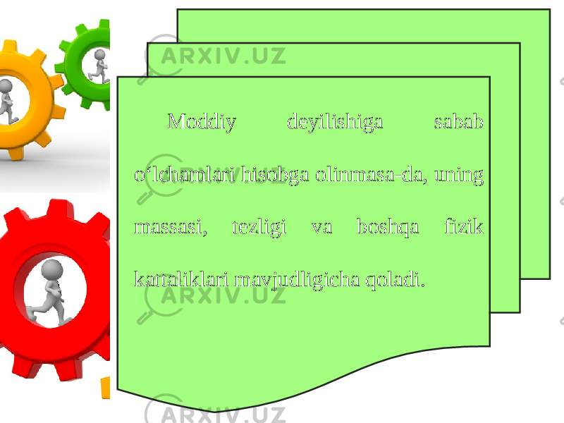 Moddiy deyilishiga sabab o‘lchamlari hisobga olinmasa-da, uning massasi, tezligi va boshqa fizik kattaliklari mavjudligicha qoladi. 