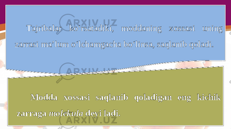 Tajribalar ko‘rsatadiki, moddaning xossasi uning zarrasi ma’lum o‘lchamgacha bo‘linsa, saqlanib qoladi. Modda xossasi saqlanib qoladigan eng kichik zarraga molekula deyi ladi. 