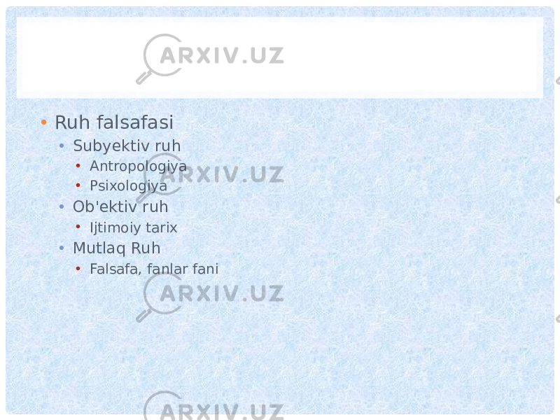 • Ruh falsafasi • Subyektiv ruh • Antropologiya • Psixologiya • Ob&#39;ektiv ruh • Ijtimoiy tarix • Mutlaq Ruh • Falsafa, fanlar fani 