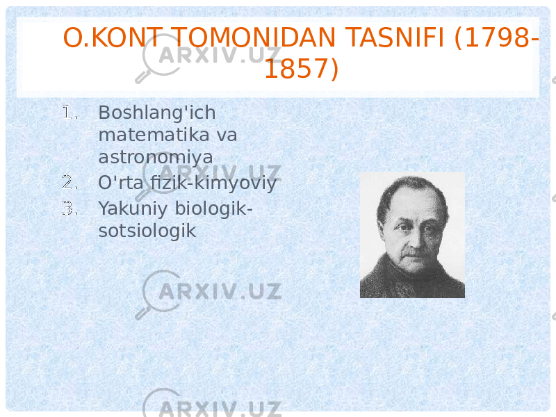 O.KONT TOMONIDAN TASNIFI (1798- 1857) 1. Boshlang&#39;ich matematika va astronomiya 2. O&#39;rta fizik-kimyoviy 3. Yakuniy biologik- sotsiologik 