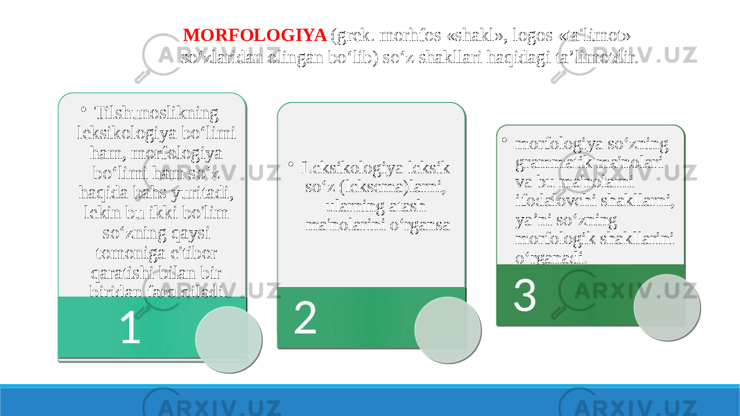 MORFOLOGIYA (grek. morhfos «shakl», logos «ta&#39;limot» so‘zlaridan olingan bo‘lib) so‘z shakllari haqidagi ta’limotdir. • Tilshunoslikning leksikologiya bo‘limi ham, morfologiya bo‘limi ham so‘z haqida bahs yuritadi, lekin bu ikki bo&#39;lim so‘zning qaysi tomoniga e&#39;tibor qaratishi bilan bir- biridan farq qiladi. 1 • Leksikologiya leksik so‘z (leksema)larni, ularning atash ma&#39;nolarini o‘rgansa 2 • morfologiya so‘zning grammatik ma&#39;nolari va bu ma&#39;nolarni ifodalovchi shakllarni, ya’ni so‘zning morfologik shakllarini o‘rganadi. 301 22 05 0F09 0B020C05 0F09 05 16 14 2109 0B07 01 01 24 16 13050903 0D091F 02 01 0D0203 0603 18090A 0704 080912 0D0203 020C 03 