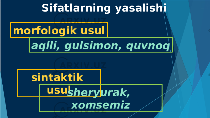 Sifatlarning yasalishi morfologik usul sintaktik usul sheryurak, xomsemizaqlli, gulsimon, quvnoq 