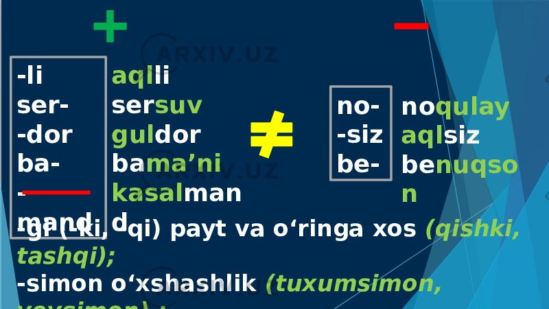 -li ser- -dor ba- - mand aql li ser suv gul dor ba ma’ni kasal man d no- -siz be- no qulay aql siz be nuqso n -gi (-ki, -qi) payt va o‘ringa xos (qishki, tashqi); -simon o‘xshashlik (tuxumsimon, yoysimon) ; -(v)iy xoslik (hajviy, devoriy, oilaviy). 