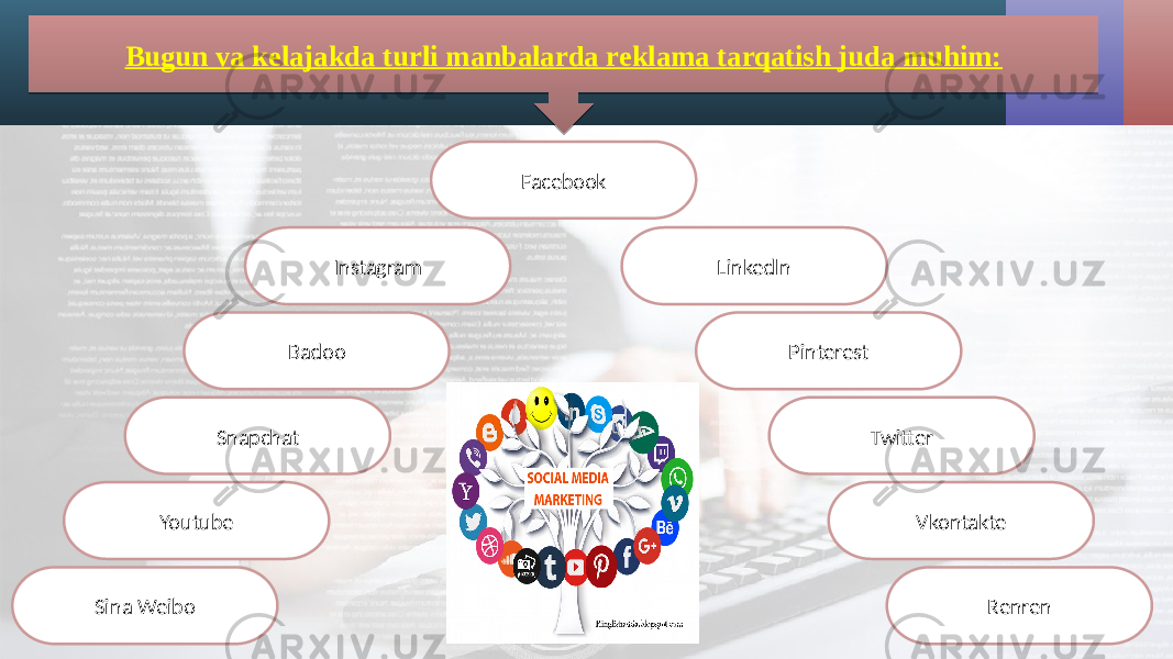 Bugun va kelajakda turli manbalarda reklama tarqatish juda muhim: Linkedln Sina Weibo Pinterest Twitter Vkontakte Renren Instagram Badoo Snapchat Youtube Facebook 1617 