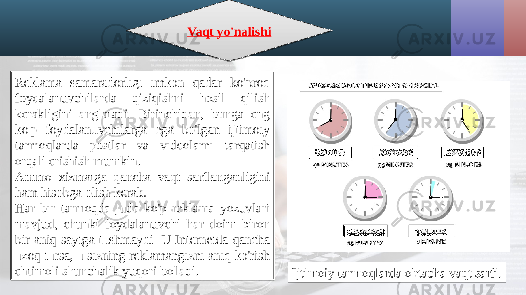 Vaqt yo&#39;nalishi Reklama samaradorligi imkon qadar ko&#39;proq foydalanuvchilarda qiziqishni hosil qilish kerakligini anglatadi. Birinchidan, bunga eng ko&#39;p foydalanuvchilarga ega bo&#39;lgan ijtimoiy tarmoqlarda postlar va videolarni tarqatish orqali erishish mumkin. Ammo xizmatga qancha vaqt sarflanganligini ham hisobga olish kerak. Har bir tarmoqda juda ko&#39;p reklama yozuvlari mavjud, chunki foydalanuvchi har doim biron bir aniq saytga tushmaydi. U Internetda qancha uzoq tursa, u sizning reklamangizni aniq ko&#39;rish ehtimoli shunchalik yuqori bo&#39;ladi. Ijtimoiy tarmoqlarda o&#39;rtacha vaqt sarfi.1D 22 